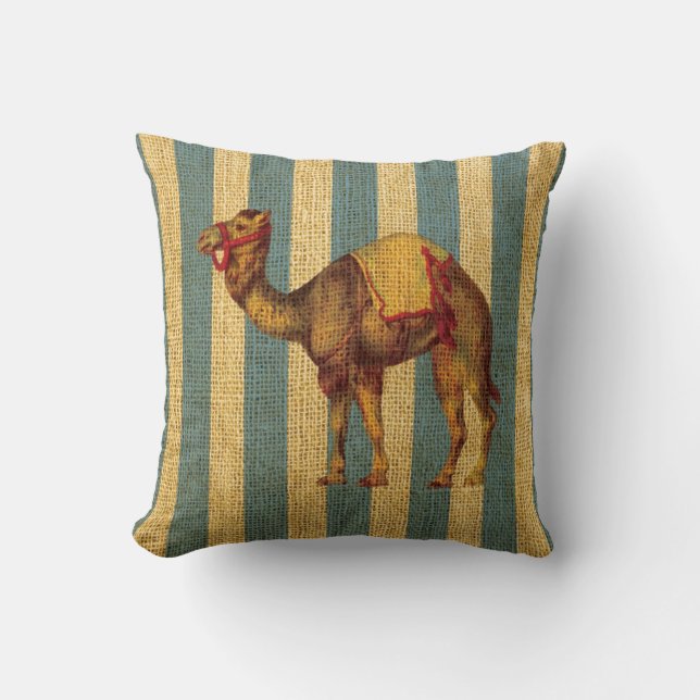Vintage Circus Camel on Blue Stripes Cushion (Front)