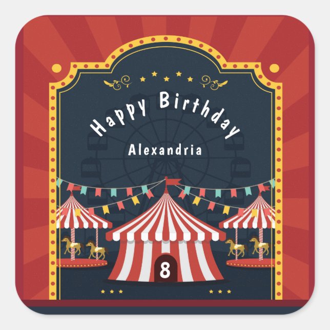 Vintage Circus Carnival Red White Birthday Age Square Sticker (Front)
