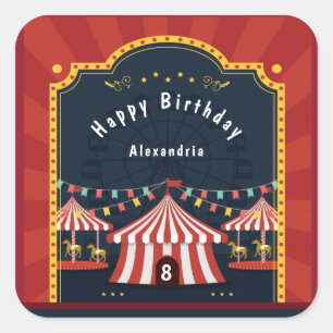 Vintage Circus Carnival Red White Birthday Age Square Sticker