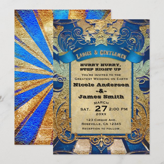 Vintage Circus Carnival Showtime Royal Blue & Gold Invitation (Front/Back)