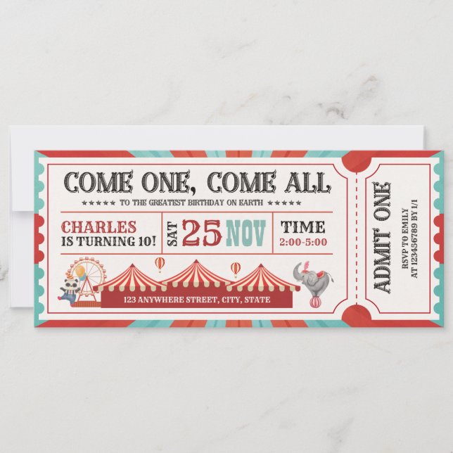 Vintage Circus Carnival Ticket Birthday Invitation (Front)