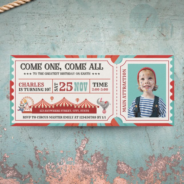 Vintage Circus Carnival Ticket Photo Birthday Invitation (Photo Birthday Invitation - Circus Theme)