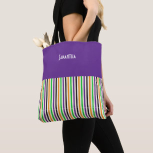Vintage Circus Colourful Vertical Stripes Name Tote Bag