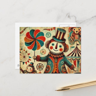 Vintage Circus Pinwheel Clown Collage Postcard