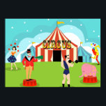 Vintage Circus Poster<br><div class="desc">Step right up, folks! Step right up to the amazing Vintage Circus Poster. Yes, come one, come all! This mid century modern, minimalist art design features a cartoon drawing of a genuine, three-ring circus. Take it all in. On the lush, green grass, you can see a ringmaster wearing a red...</div>
