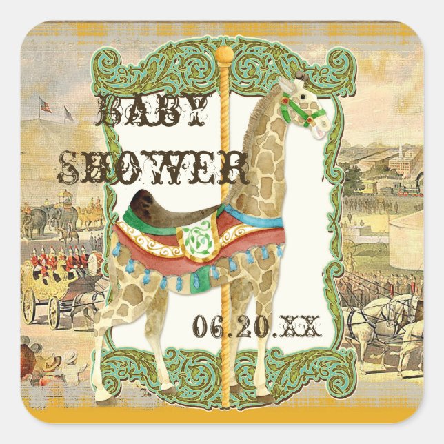 Vintage Circus Poster, Giraffe Baby Shower Square Sticker (Front)