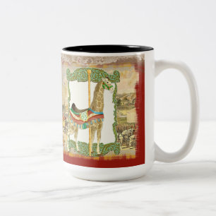 Vintage Circus Poster, Giraffe Carousel Carnival Two-Tone Coffee Mug