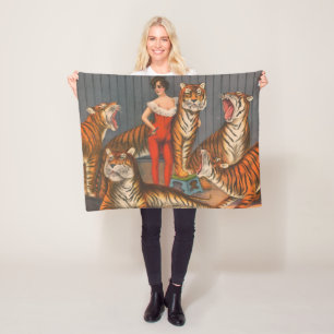 Vintage Circus Poster Of Woman With Six Tigers. Fleece Blanket