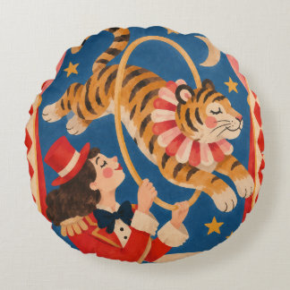 Vintage Circus Tiger and Ringmaster Funhaus Round Cushion