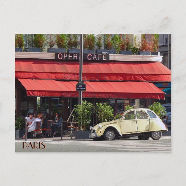 Vintage Citröen Car Outside a Paris Café Postcard (Front)