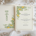 Vintage Citrus Art Nouveau Wedding Menu Card<br><div class="desc">Add a touch of vintage charm to your wedding with this Art Nouveau-inspired menu card, featuring an elegant citrus and greenery design. The front showcases a refined "Menu" title with subtle Art Nouveau detailing, framed by vibrant green foliage and yellow-orange fruits, set against a classic cream background. The back lists...</div>