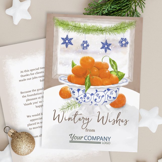 Vintage Citrus Christmas Oranges Company Holiday (Christmas oranges, winter orange and blue company holiday cards, business logo greeting cards)
