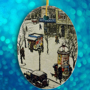 Vintage City Street Winter Scene Ceramic Tree Decoration