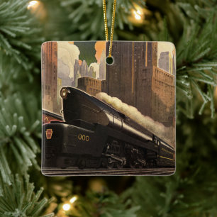 Vintage City, T1 Duplex Train on Railroad Tracks Ceramic Tree Decoration