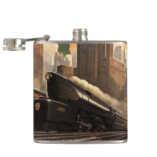 Vintage City, T1 Duplex Train on Railroad Tracks Hip Flask