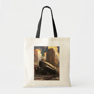 Vintage City, T1 Duplex Train on Railroad Tracks Tote Bag