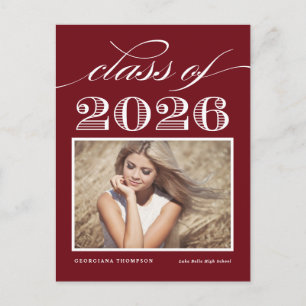Vintage Class of 2026 Burgundy Photo Graduation Postcard