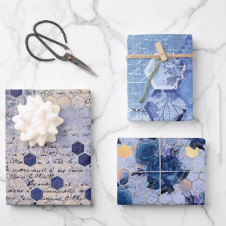 Vintage Classic Blue Bee Flowers Mix and Match Wrapping Paper Sheet