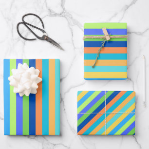 Vintage Classic Blue & Orange Rainbow Stripes Wrapping Paper Sheet