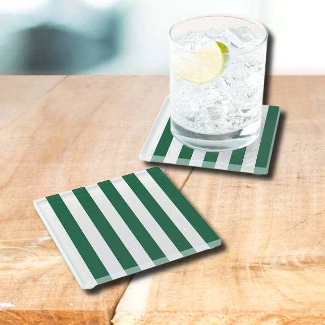 Vintage Classic Bottle Green & White Stripes Glass Coaster (Creator Uploaded)