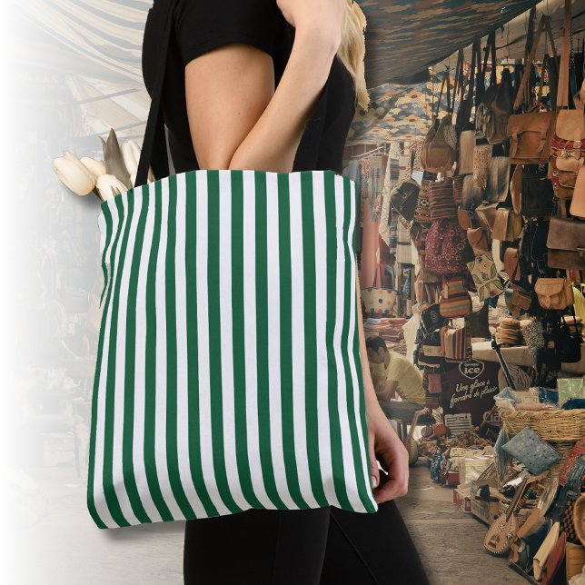 Vintage Classic Bottle Green & White Stripes Tote Bag (Creator Uploaded)