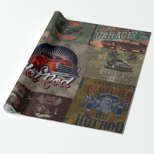 Vintage Classic Car Graphic Wrapping Paper (Unrolled)
