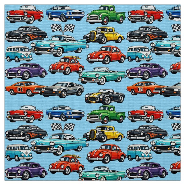 Vintage Classic Cars Collage Pattern Fabric (Swatch)