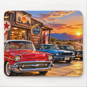 Vintage Classic Cars Desert Sunset Mouse Pad