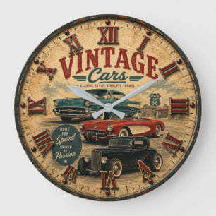 Vintage Classic Cars Retro Route 66 Garage Decor Large Clock