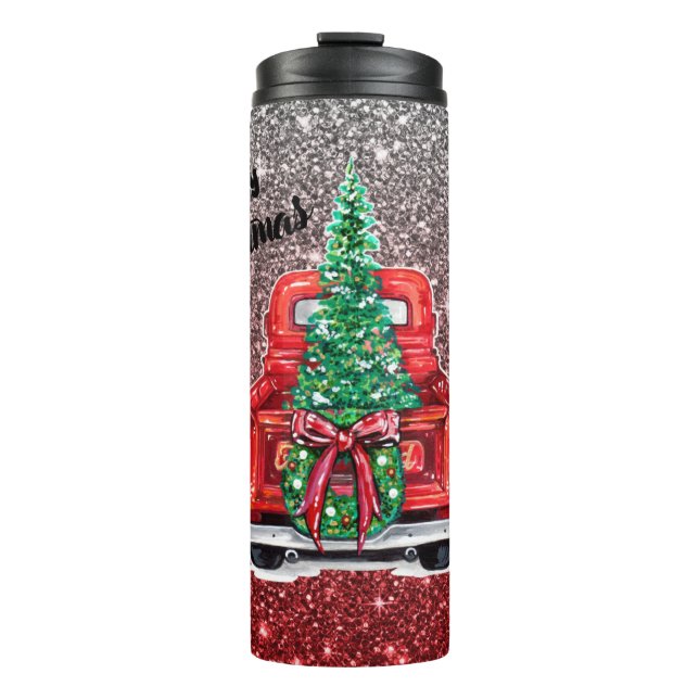 Vintage Classic Christmas Red Truck Glitter Thermal Tumbler (Front)