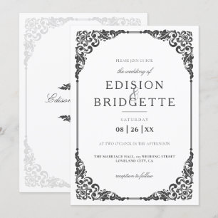 Vintage Classic Floral Ornaments White Wedding Invitation