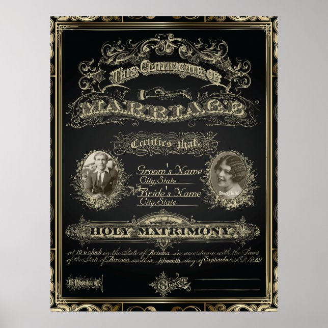Vintage Classic Gatsby Style Marriage Certificate Poster (Front)