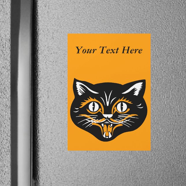 Vintage Classic Halloween Black Cat Face Fangs (Smiling Halloween vintage black cat face with orange white accents on bright orange magnetic card.)