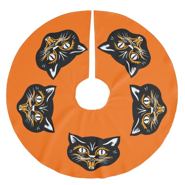 Vintage Classic Halloween Black Cat Face Fangs Brushed Polyester Tree Skirt (Front)