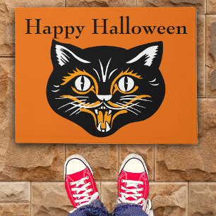 Vintage Classic Halloween Black Cat Face Fangs Doormat