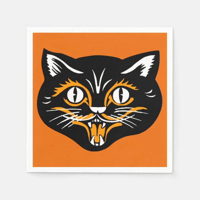 Vintage Classic Halloween Black Cat Face Fangs Napkin (Front)