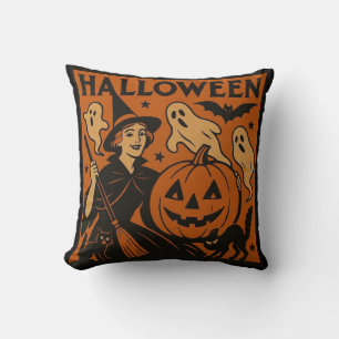 Vintage, classic Halloween witch, ghost & pumpkins Cushion
