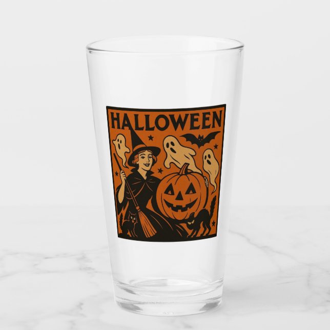 Vintage, classic Halloween witch, ghost & pumpkins Glass (Front)