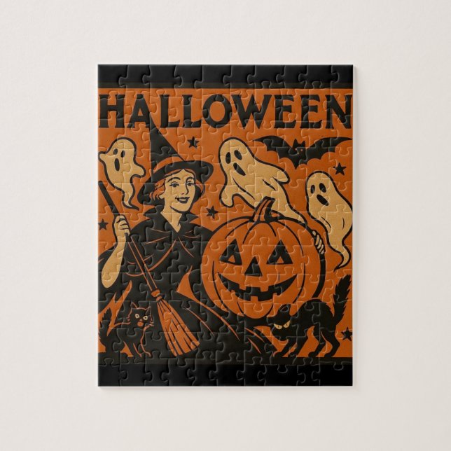 Vintage, classic Halloween witch, ghost & pumpkins Jigsaw Puzzle (Vertical)