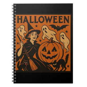 Vintage, classic Halloween witch, ghost & pumpkins Notebook
