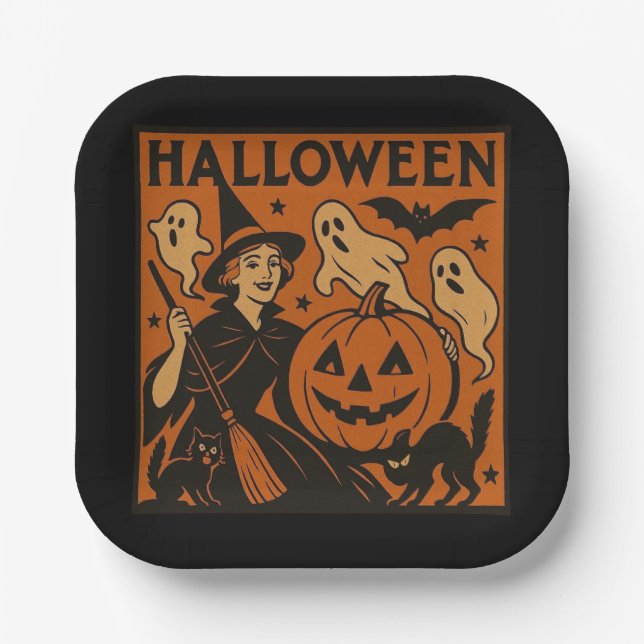 Vintage, classic Halloween witch, ghost & pumpkins Paper Plate (Front)
