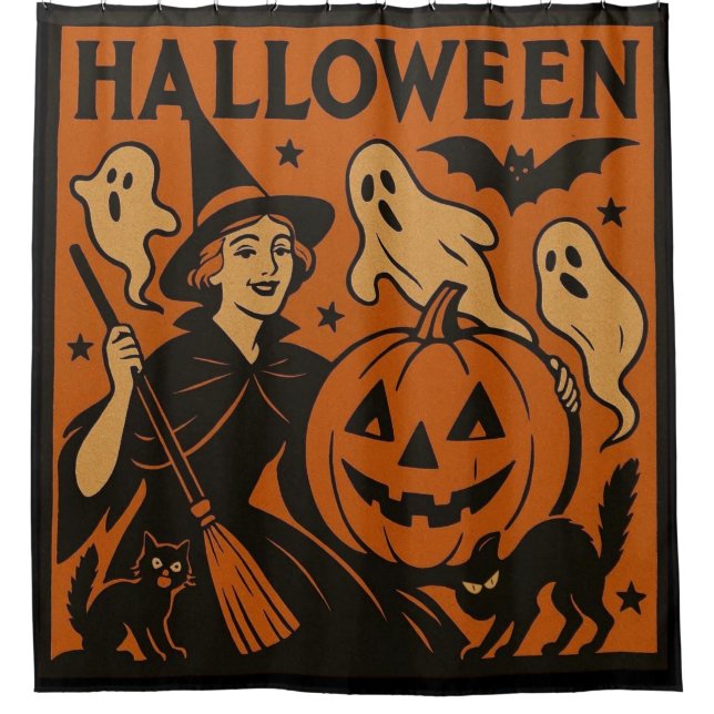Vintage, classic Halloween witch, ghost & pumpkins Shower Curtain (Front)