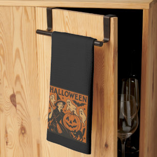 Vintage, classic Halloween witch, ghost & pumpkins Tea Towel