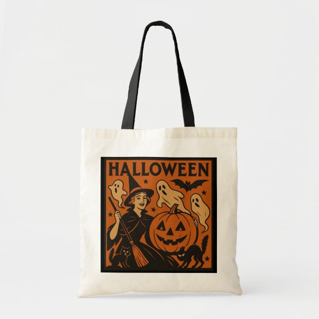 Vintage, classic Halloween witch, ghost & pumpkins Tote Bag (Front)