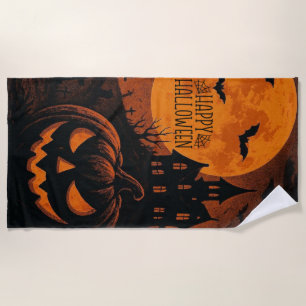 Vintage, classic Happy Halloween pumpkin Beach Towel