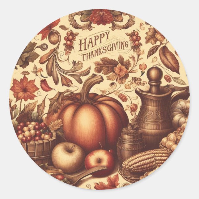 Vintage/Classic Happy Thanksgiving Classic Round Sticker (Front)