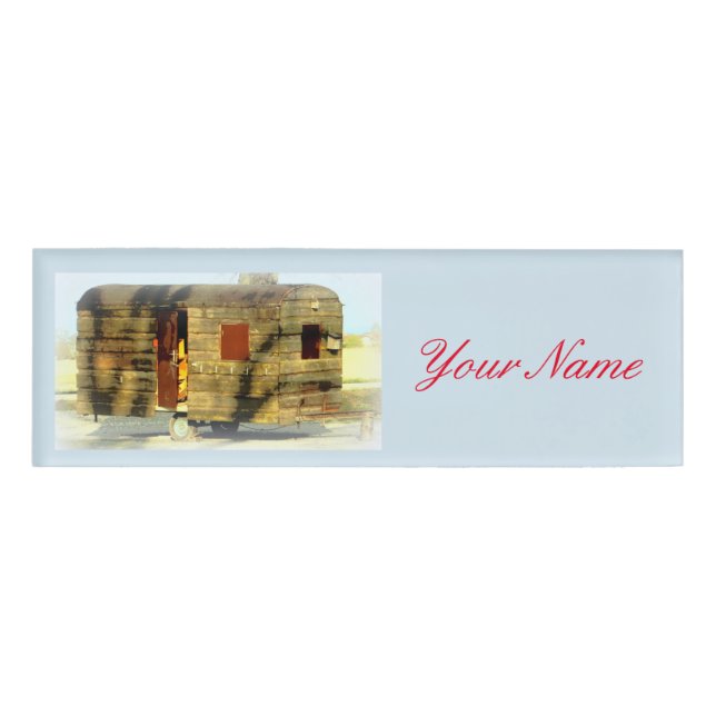 Vintage classic weathered wood caravan name tag (Front)