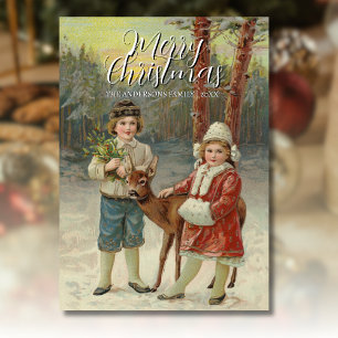 Vintage Classic Winter Children with Deer Artwork Holiday Card