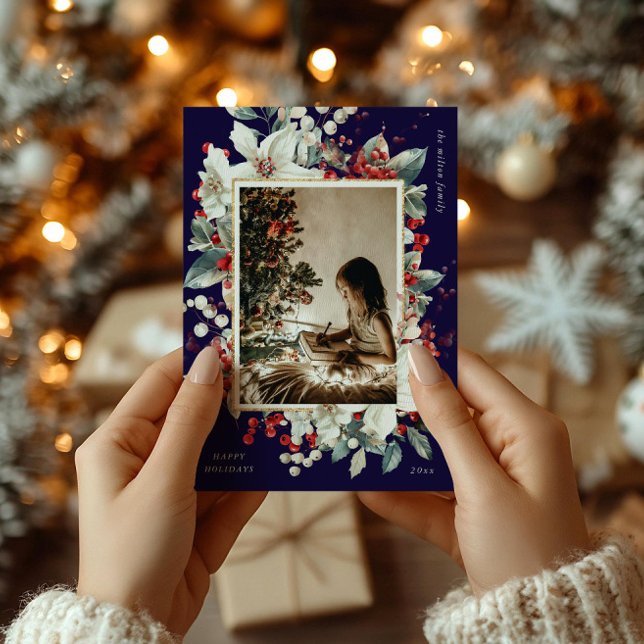 Vintage Classical Holiday Floral One Photo Card (Creator Uploaded)
