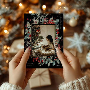 Vintage Classical Holiday Floral One Photo Card